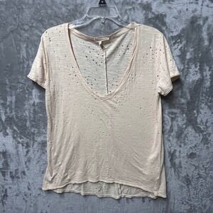 Gilded Intent Shredded Cutout Top Womens S Beige V-Neck Distress Grunge Festival